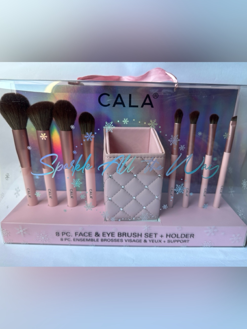 CALA 8 Pc Face & Eye Brush Set + Holder Pink 💖 Sparkle All the Way - NEW